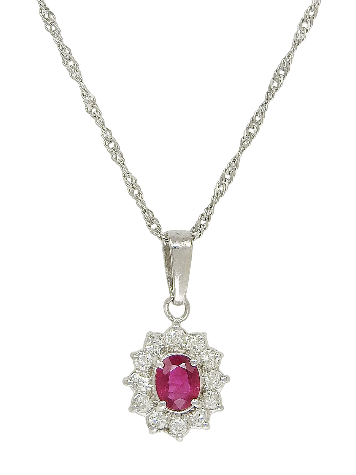 Platinum Ruby Diamond Oval Necklace in Silver/Pink