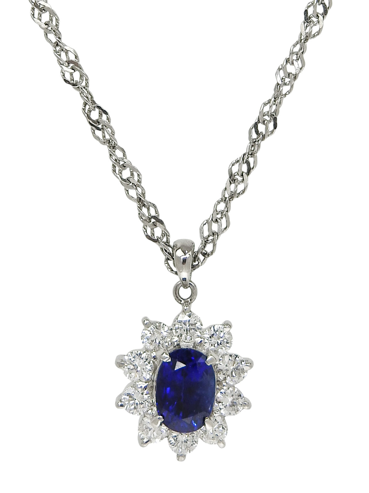 Platinum Sapphire and Diamond Design Necklace in Silver/Blue