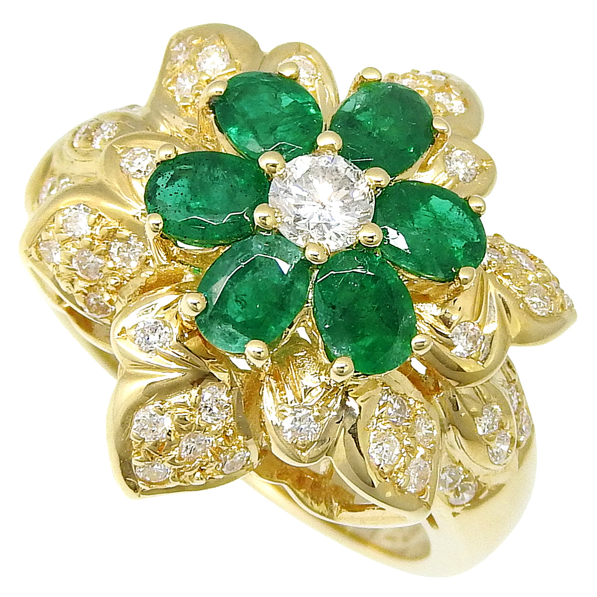18K Emerald Diamond Flower Motif Ring #52 Gold/Green