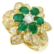 18K Emerald Diamond Flower Motif Ring #52 Gold/Green