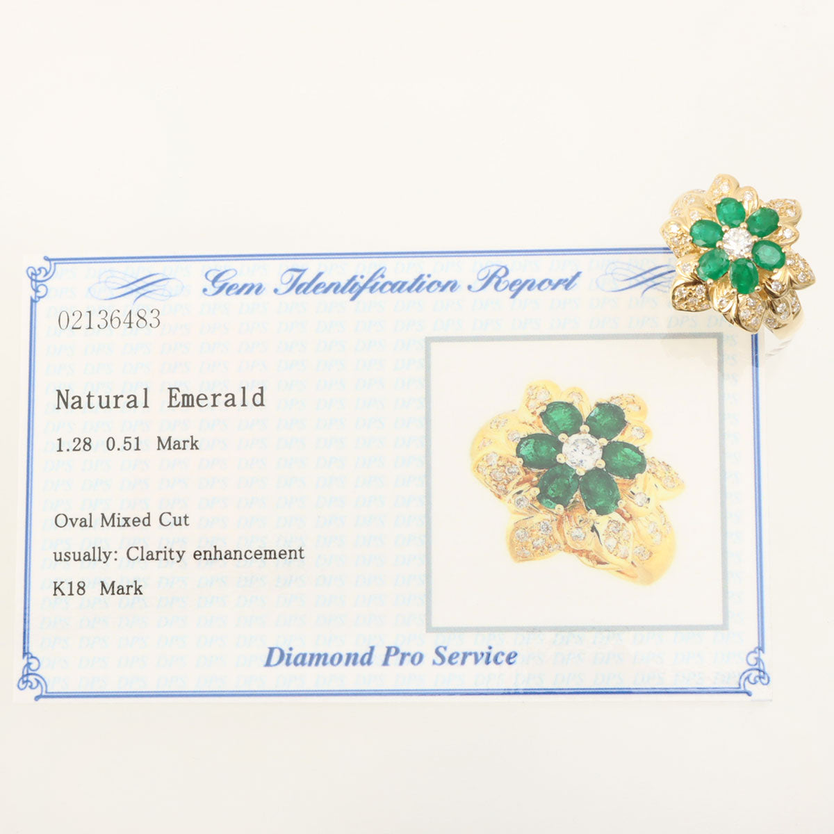 18K Emerald Diamond Flower Motif Ring #52 Gold/Green