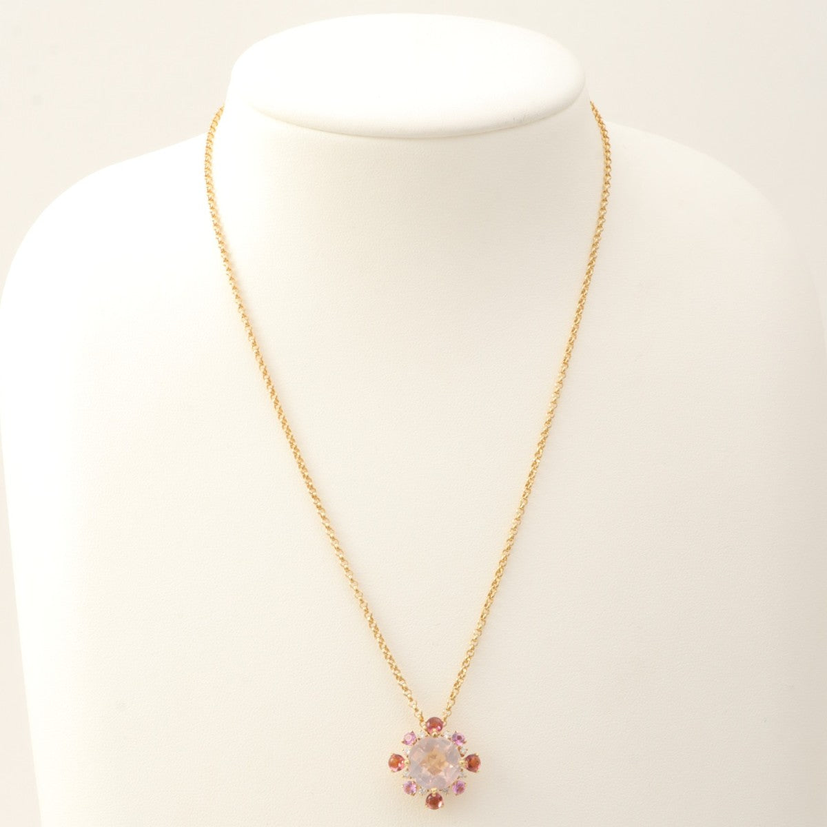 18K Rose Quartz Pink Tourmaline Diamond Design Necklace Gold/Pink