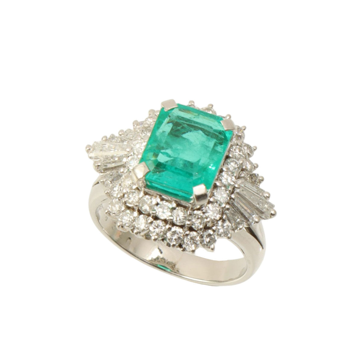 Platinum Emerald Diamond Ring #50 Silver/Green