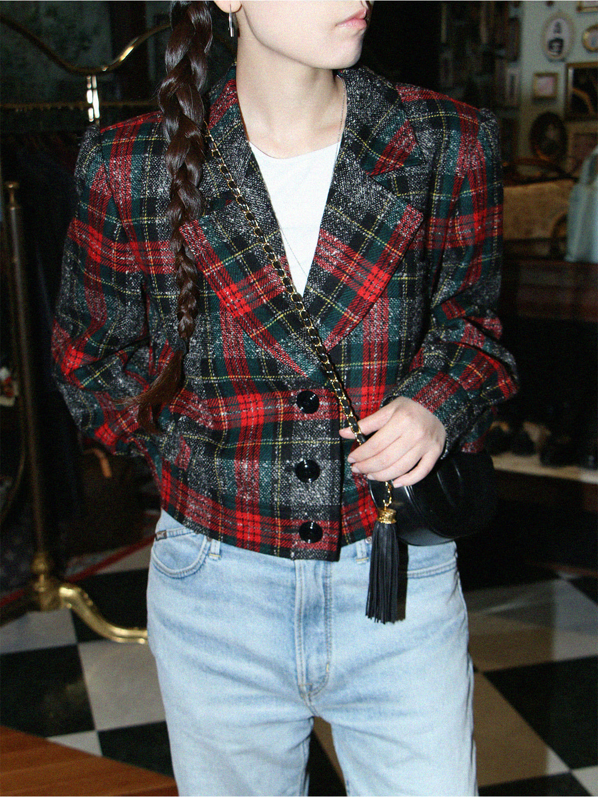 Wool tartan check short jacket in red, black, and green
