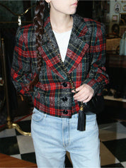 Wool tartan check short jacket in red, black, and green