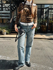Leopard Print Knit Top #S Brown