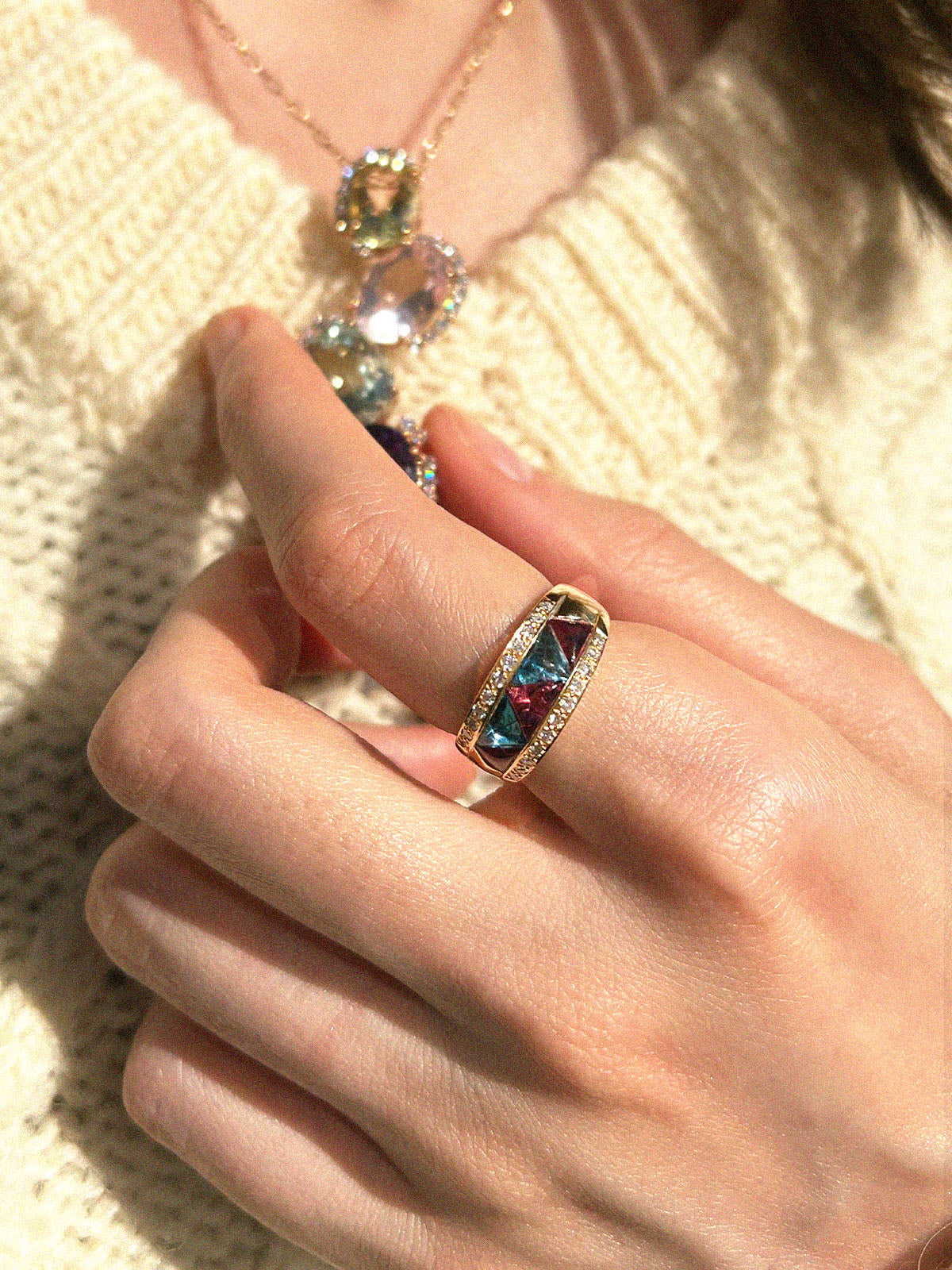 K18碧玺钻石戒指，多色/金色