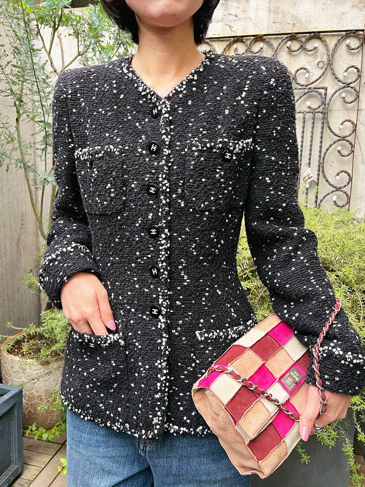 1995年製 ツイードドットCCマークボタンジャケット ブラック