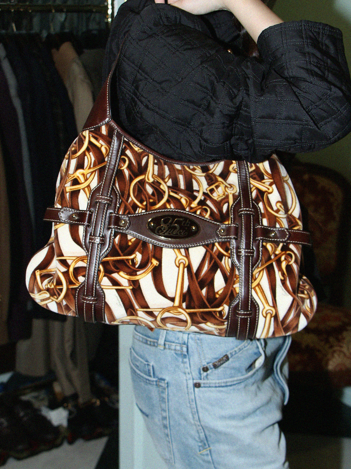 Velour and leather combination horsebit plate shoulder bag in brown/multi