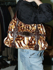 Velour and leather combination horsebit plate one-shoulder bag in brown/multi