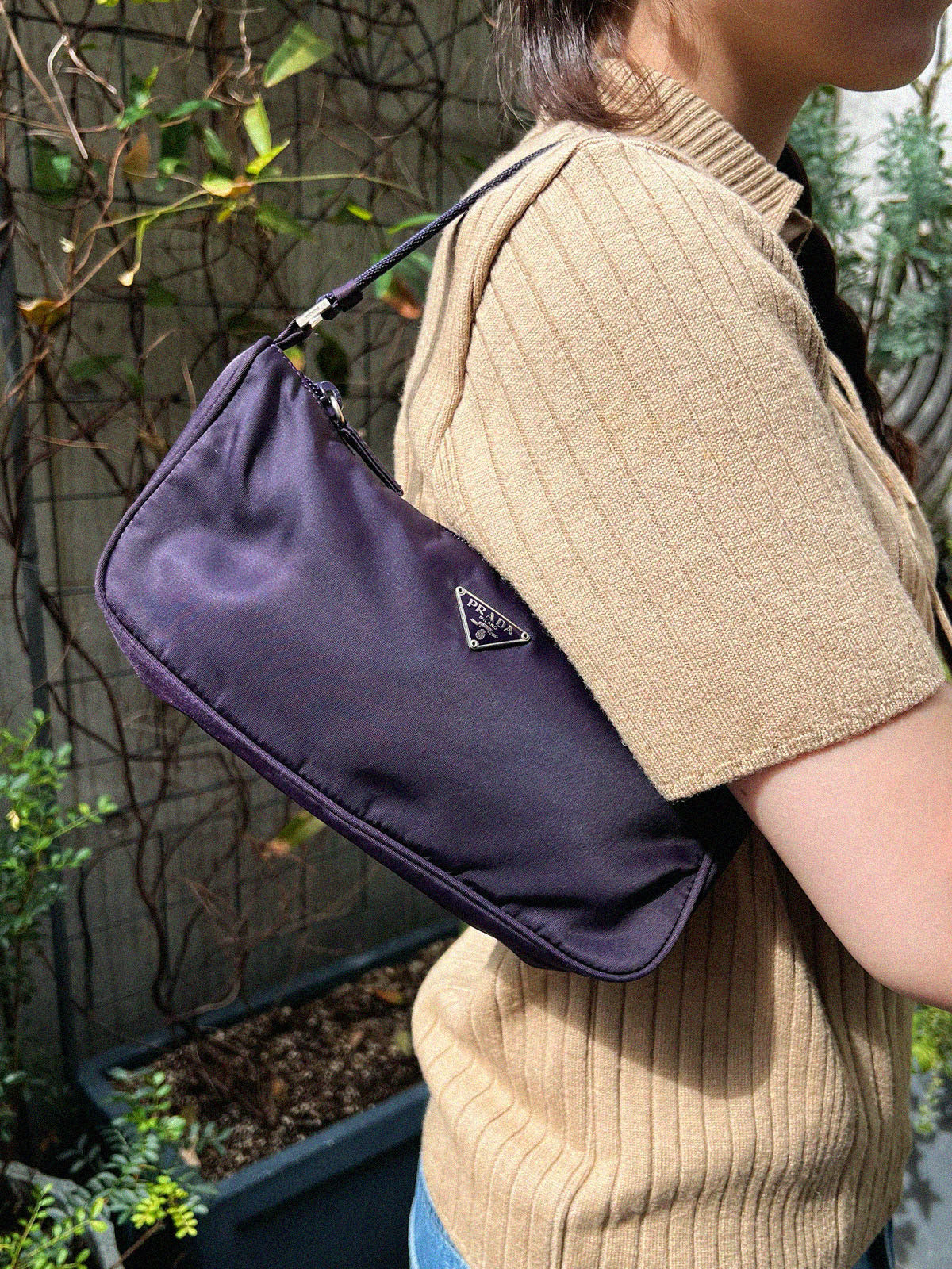 Purple nylon logo plate mini handbag