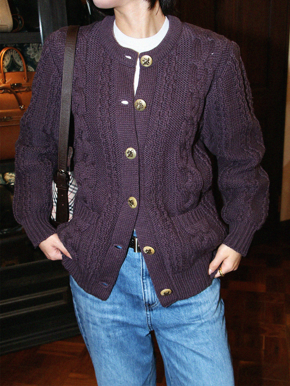 Wool Horn Logo Button Cable Knit Cardigan in Smoky Purple