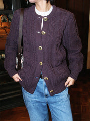 Wool Horn Logo Button Cable Knit Cardigan in Smoky Purple