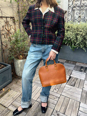 Wool Check Pattern Collarless Jacket in Black/Multi