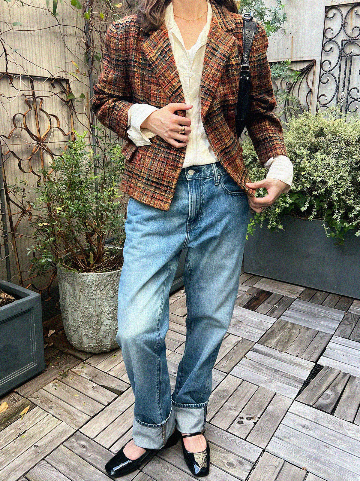 Tweed check pattern double-breasted jacket in brown/multi