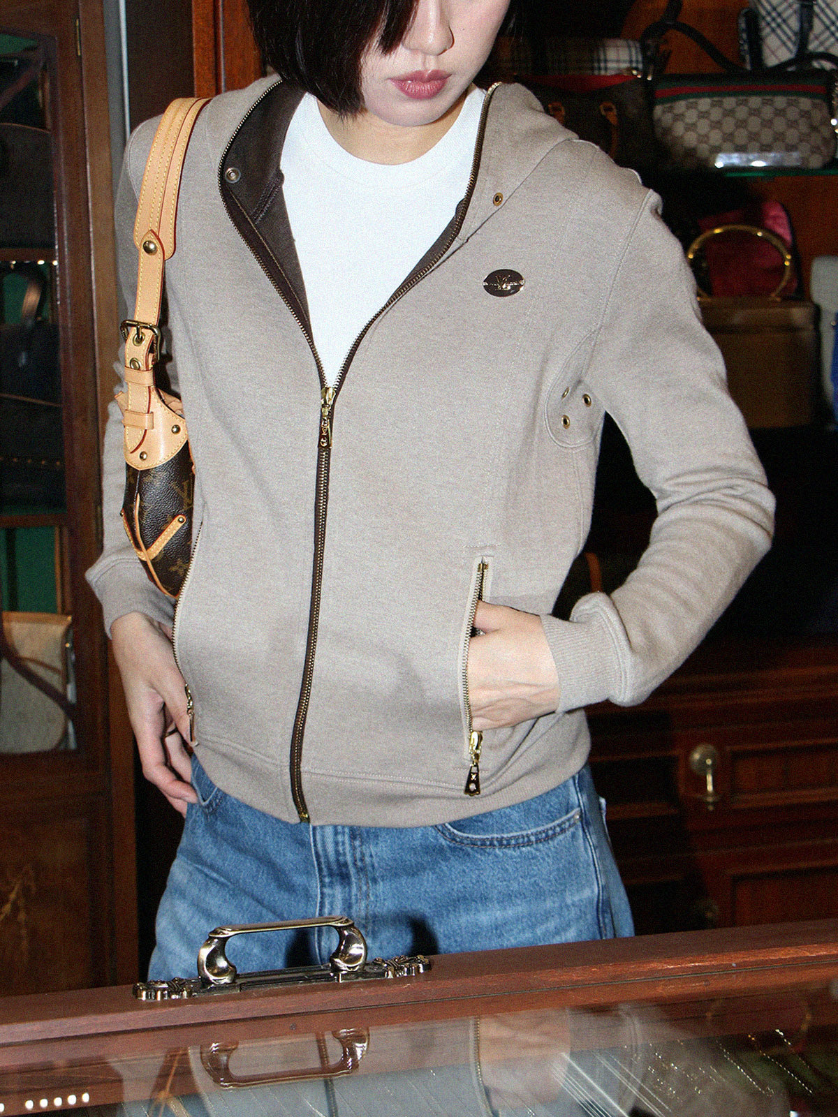 Logo Plate Zip-Up Hoodie Beige