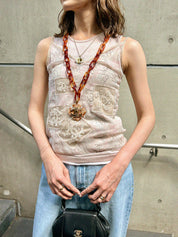 1993年製 ブラウンマーブル柄デザインモチーフCCマークロングネックレス ゴールド/ブラウン/ベージュ