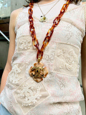 1993 Brown Marble Design CC Mark Long Necklace in Gold/Brown/Beige