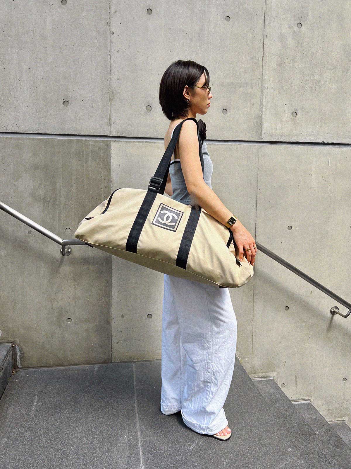 2001 Sports Line CC Mark Boston Bag, Beige/Black