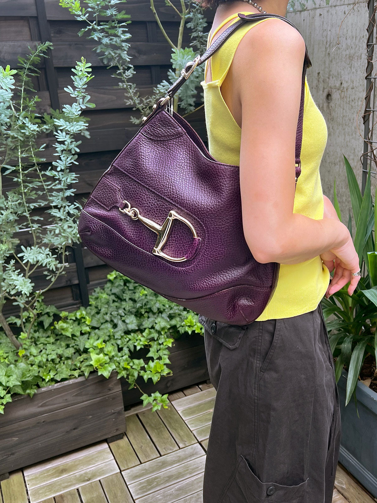 Purple Leather Horsebit Plate Shoulder Bag