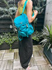 Nylon logo plate backpack in turquoise blue