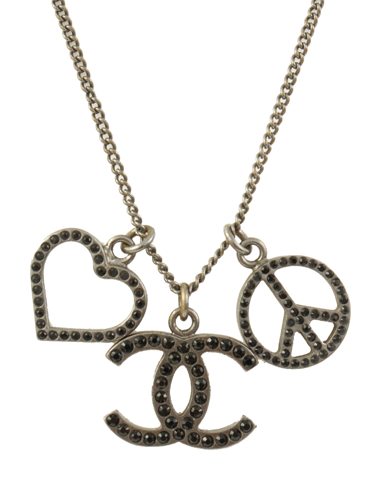 2006 LOVE &amp; PEACE CC Mark Rhinestone Necklace Gunmetal/Black