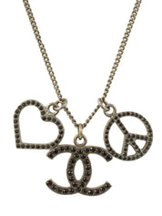 2006 LOVE &amp; PEACE CC Mark Rhinestone Necklace Gunmetal/Black