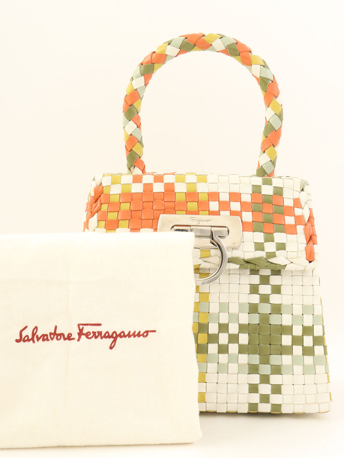 イントレチャートガンチーニプレートハンドバッグ オレンジ/グリーン/マルチ
