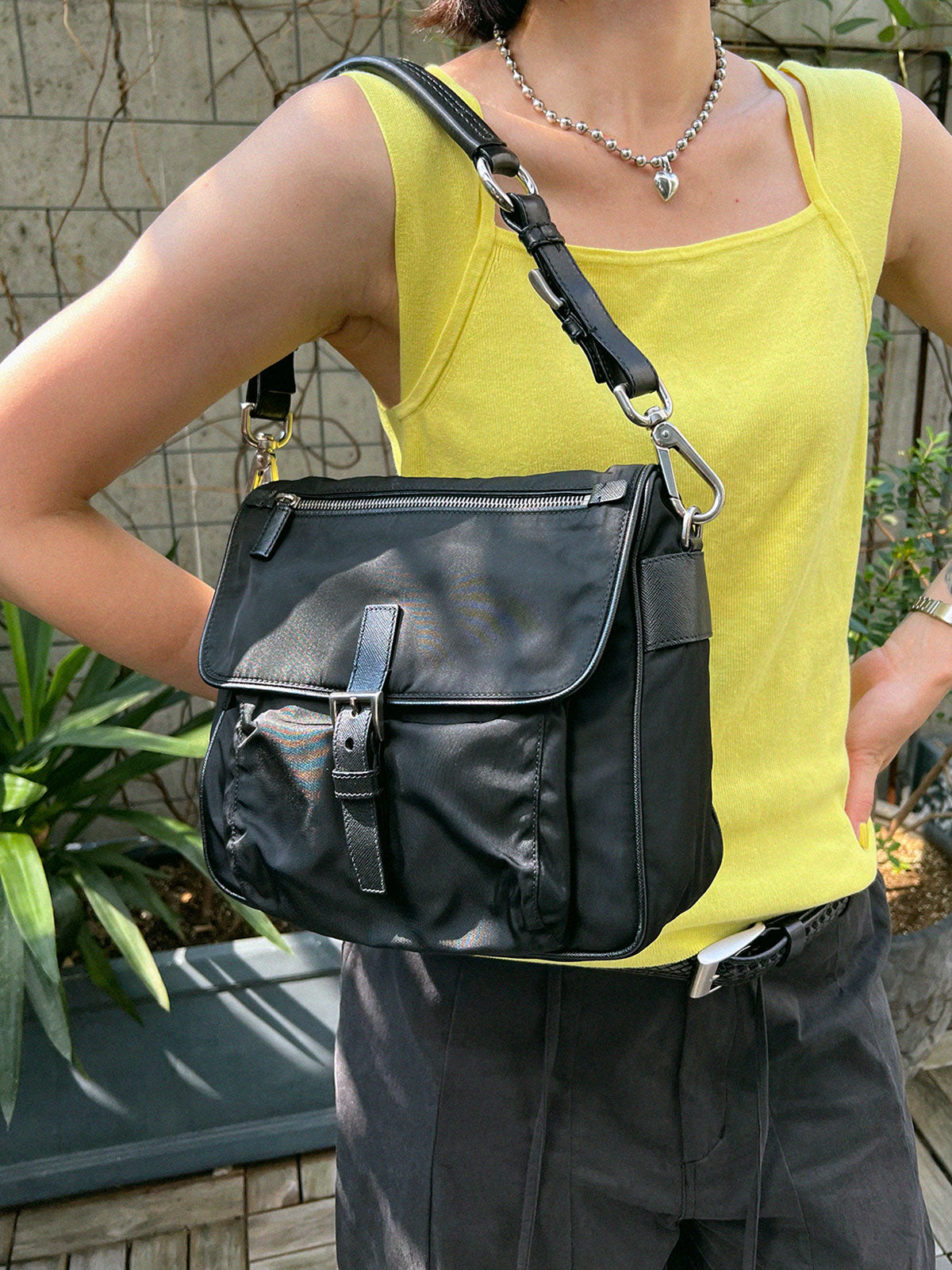 Nylon logo plate one-shoulder bag in black