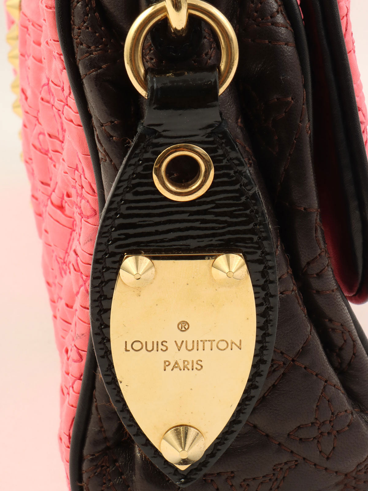 2009 Satin Monogram Stud Coquette Pochette in Pink/Brown/Black