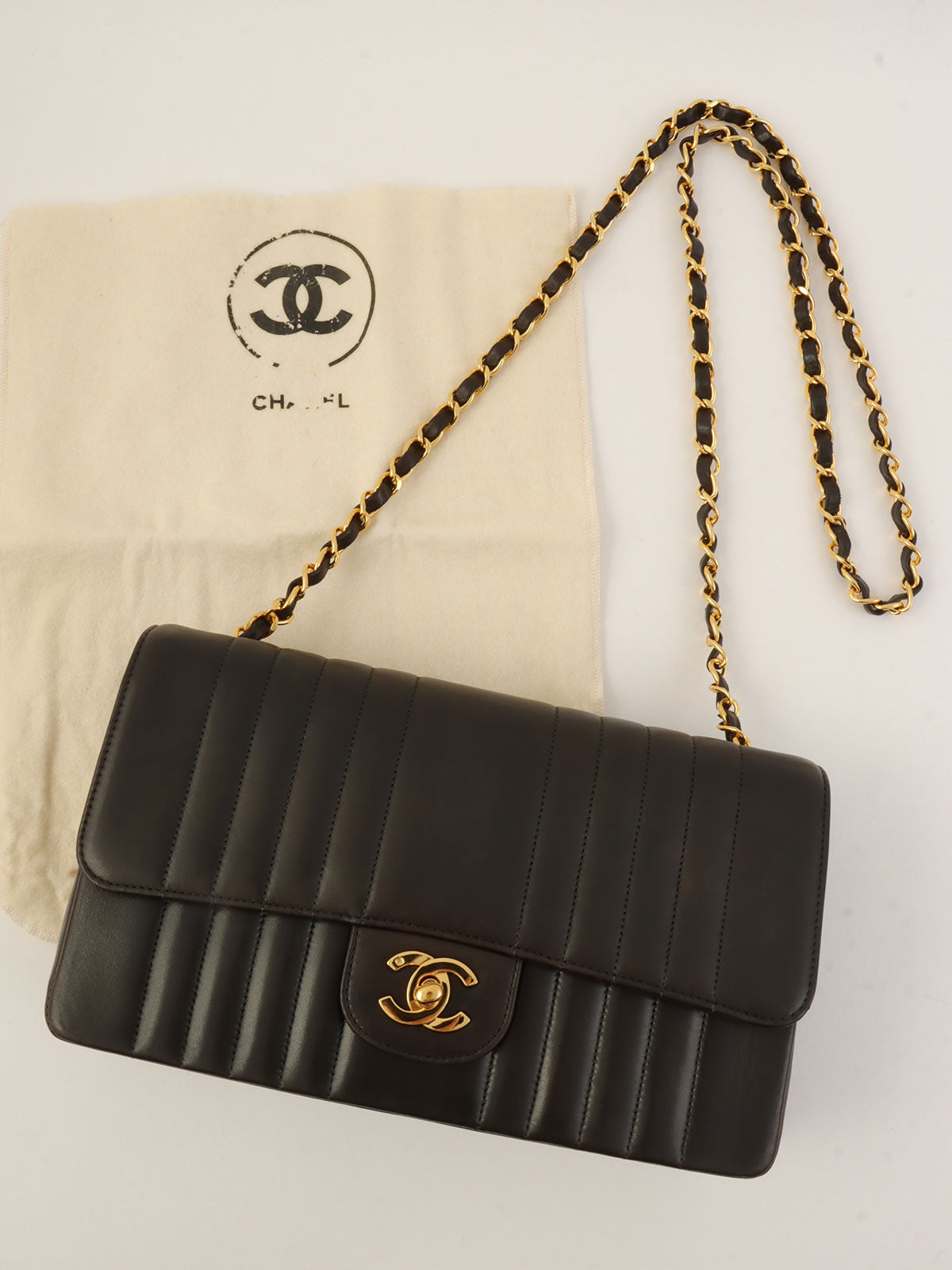 Mademoiselle Stitch CC Turnlock Chain Shoulder Bag, Black, circa 1992