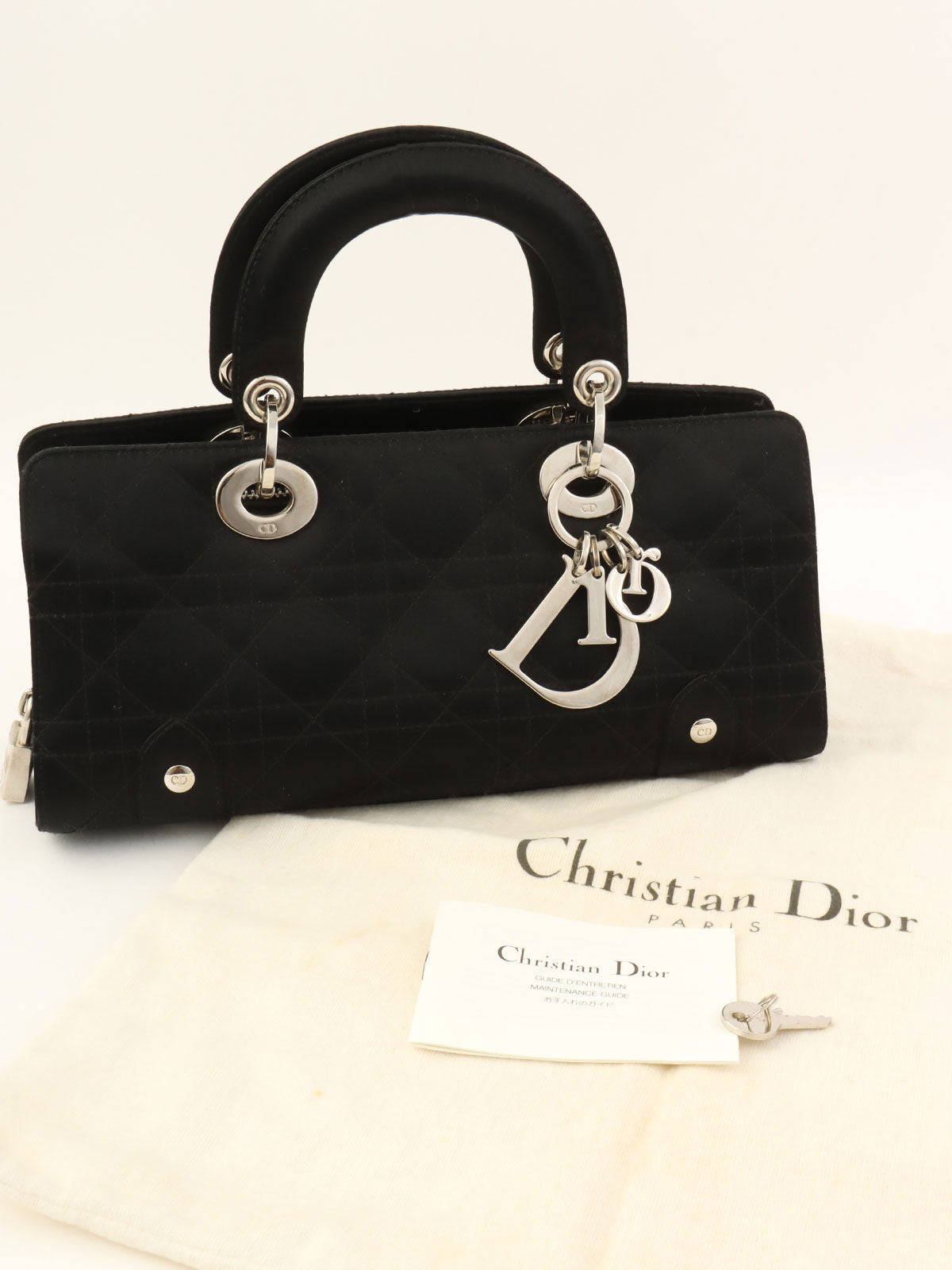 サテンレディディオールカナージュステッチハンドバッグ ブラック