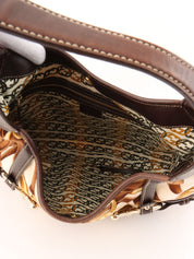 Velour and leather combination horsebit plate shoulder bag in brown/multi