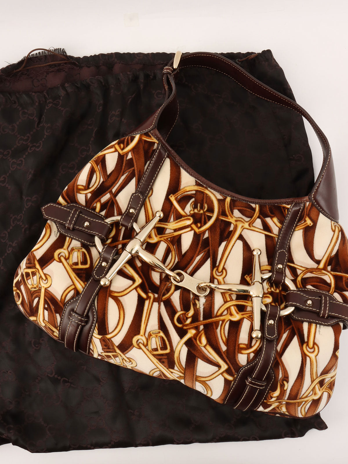 ベロアレザーコンビホースビットプレートワンショルダーバッグ ブラウン/マルチ