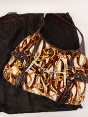 ベロアレザーコンビホースビットプレートワンショルダーバッグ ブラウン/マルチ