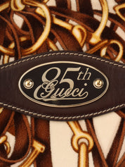 Velour and leather combination horsebit plate shoulder bag in brown/multi