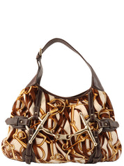 Velour and leather combination horsebit plate shoulder bag in brown/multi