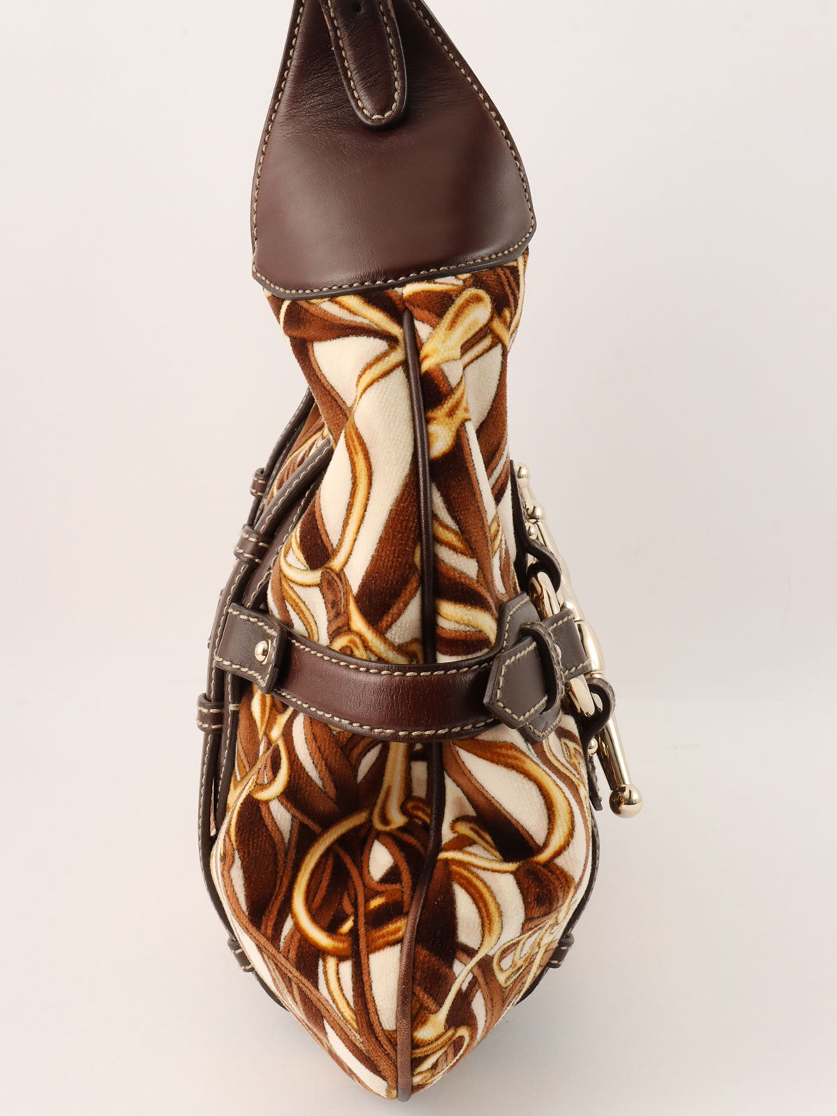 Velour and leather combination horsebit plate one-shoulder bag in brown/multi