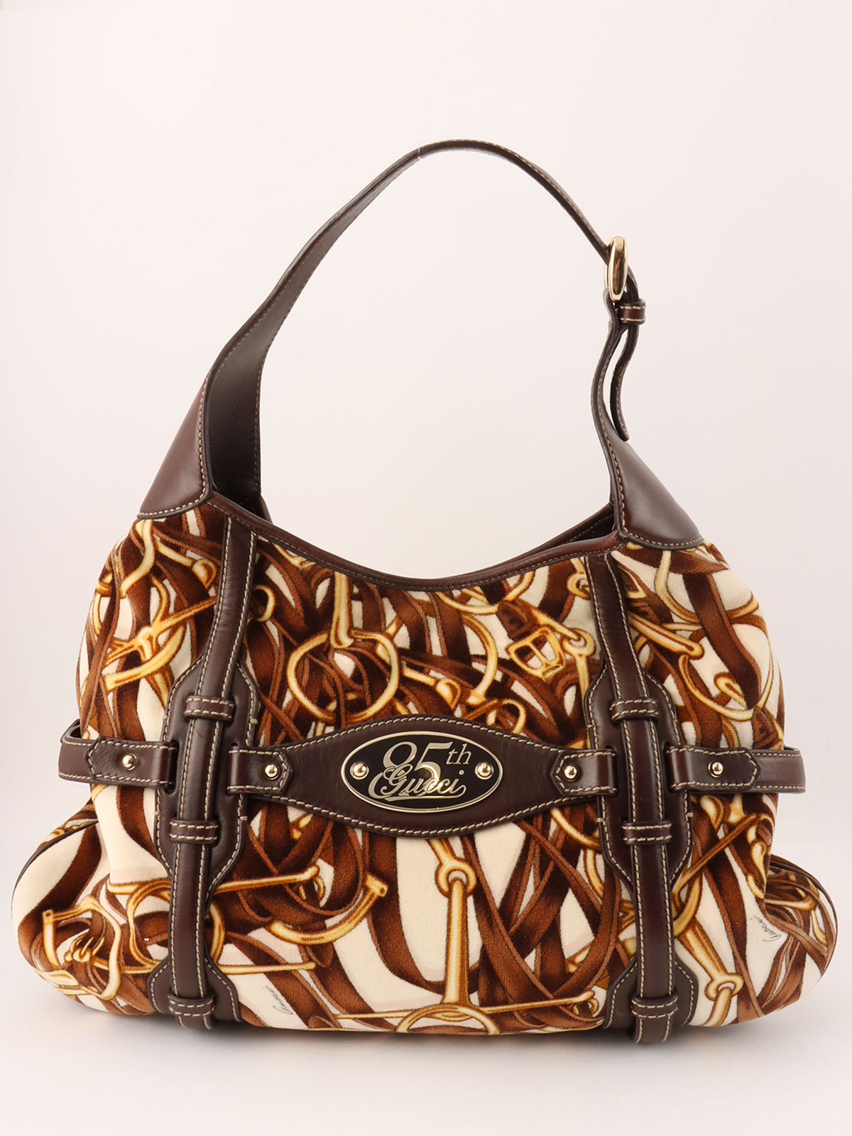 Velour and leather combination horsebit plate shoulder bag in brown/multi