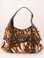 Velour and leather combination horsebit plate shoulder bag in brown/multi