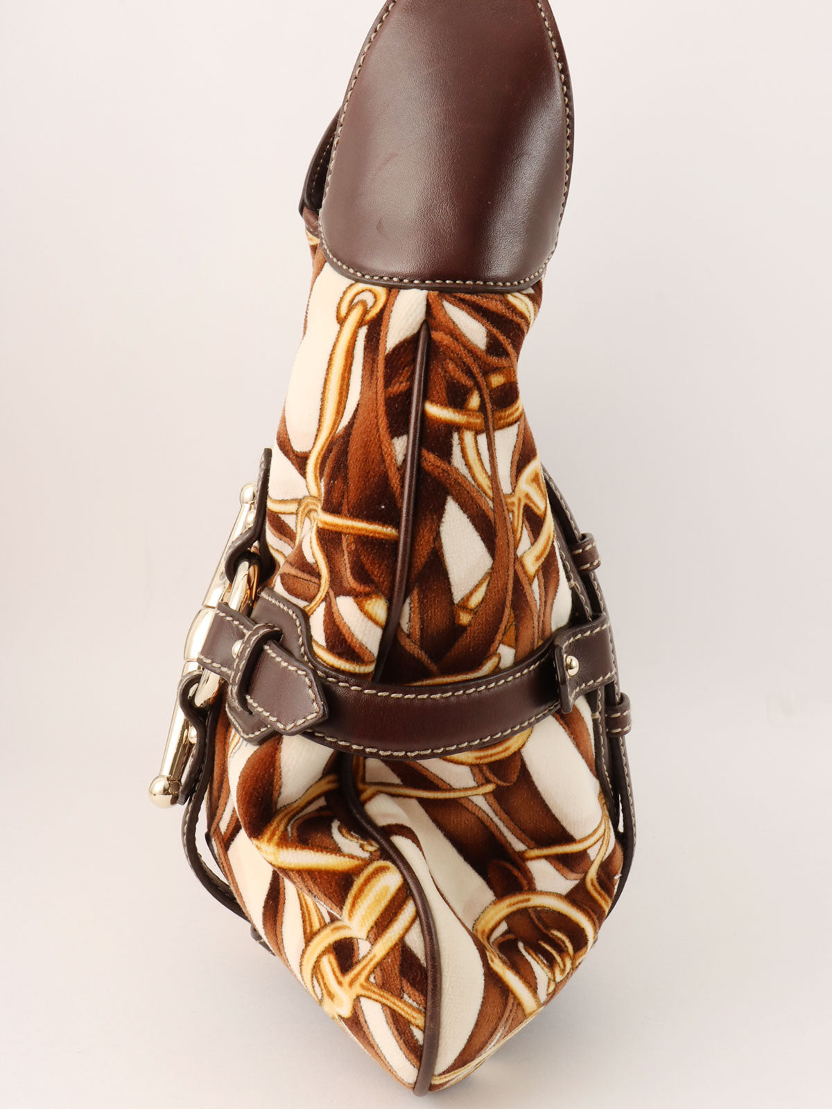 Velour and leather combination horsebit plate one-shoulder bag in brown/multi