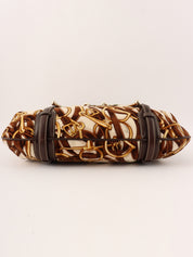 Velour and leather combination horsebit plate one-shoulder bag in brown/multi