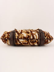 Velour and leather combination horsebit plate shoulder bag in brown/multi