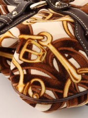 Velour and leather combination horsebit plate shoulder bag in brown/multi