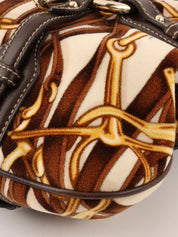 Velour and leather combination horsebit plate shoulder bag in brown/multi