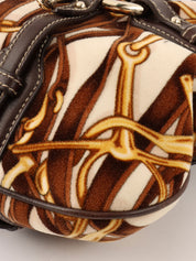 Velour and leather combination horsebit plate one-shoulder bag in brown/multi