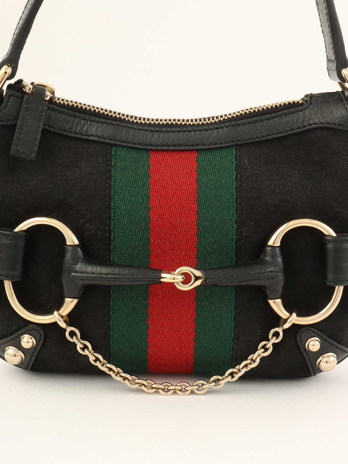 キャンバスGGパターンシェリーラインホースビットプレートハンドバッグ ブラック/グリーン/レッド