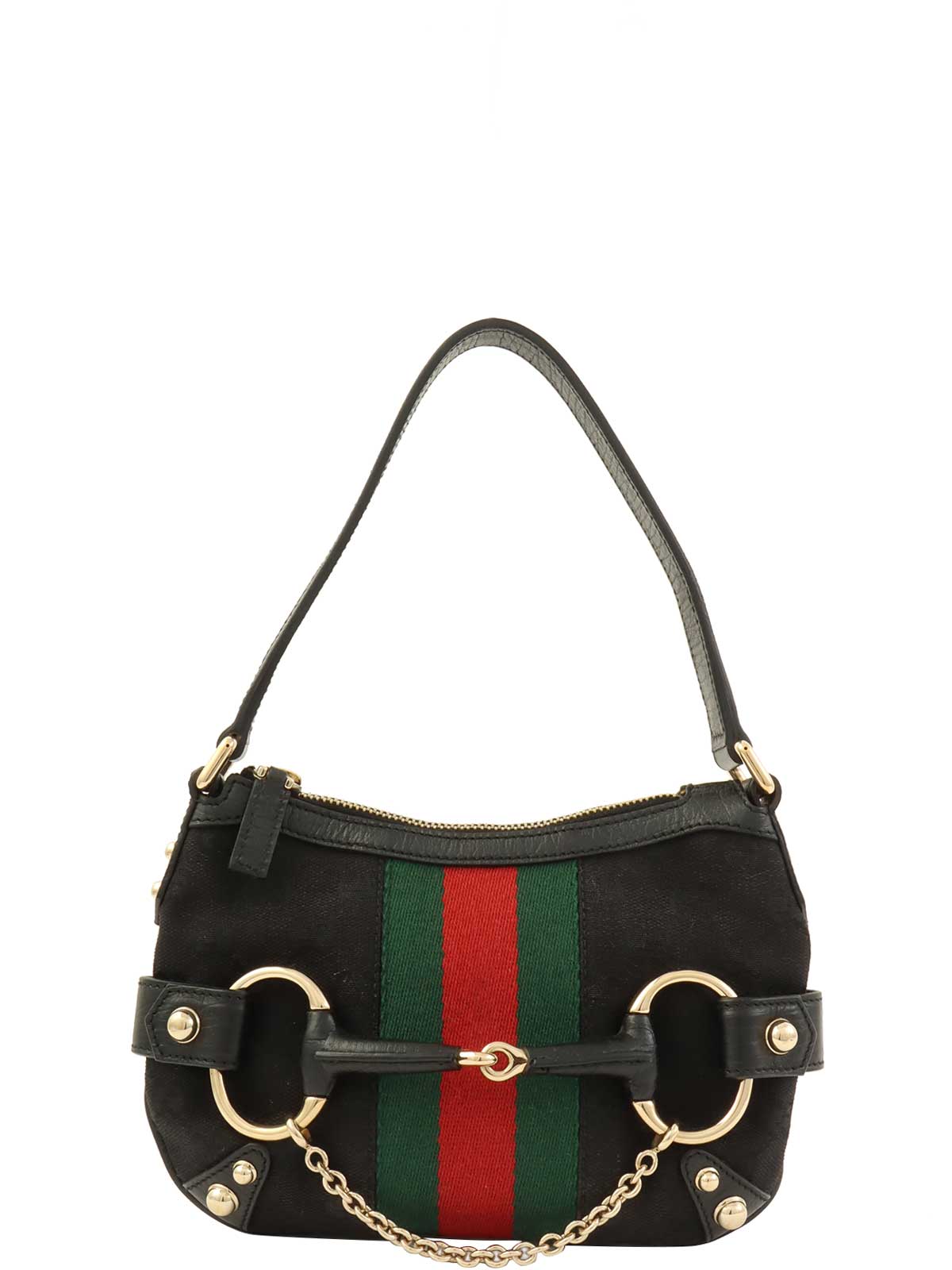 キャンバスGGパターンシェリーラインホースビットプレートハンドバッグ ブラック/グリーン/レッド