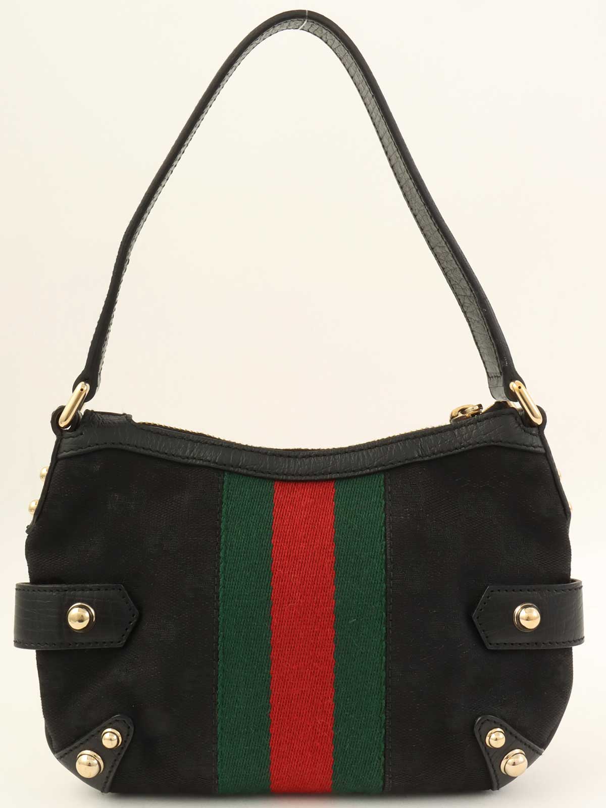 キャンバスGGパターンシェリーラインホースビットプレートハンドバッグ ブラック/グリーン/レッド
