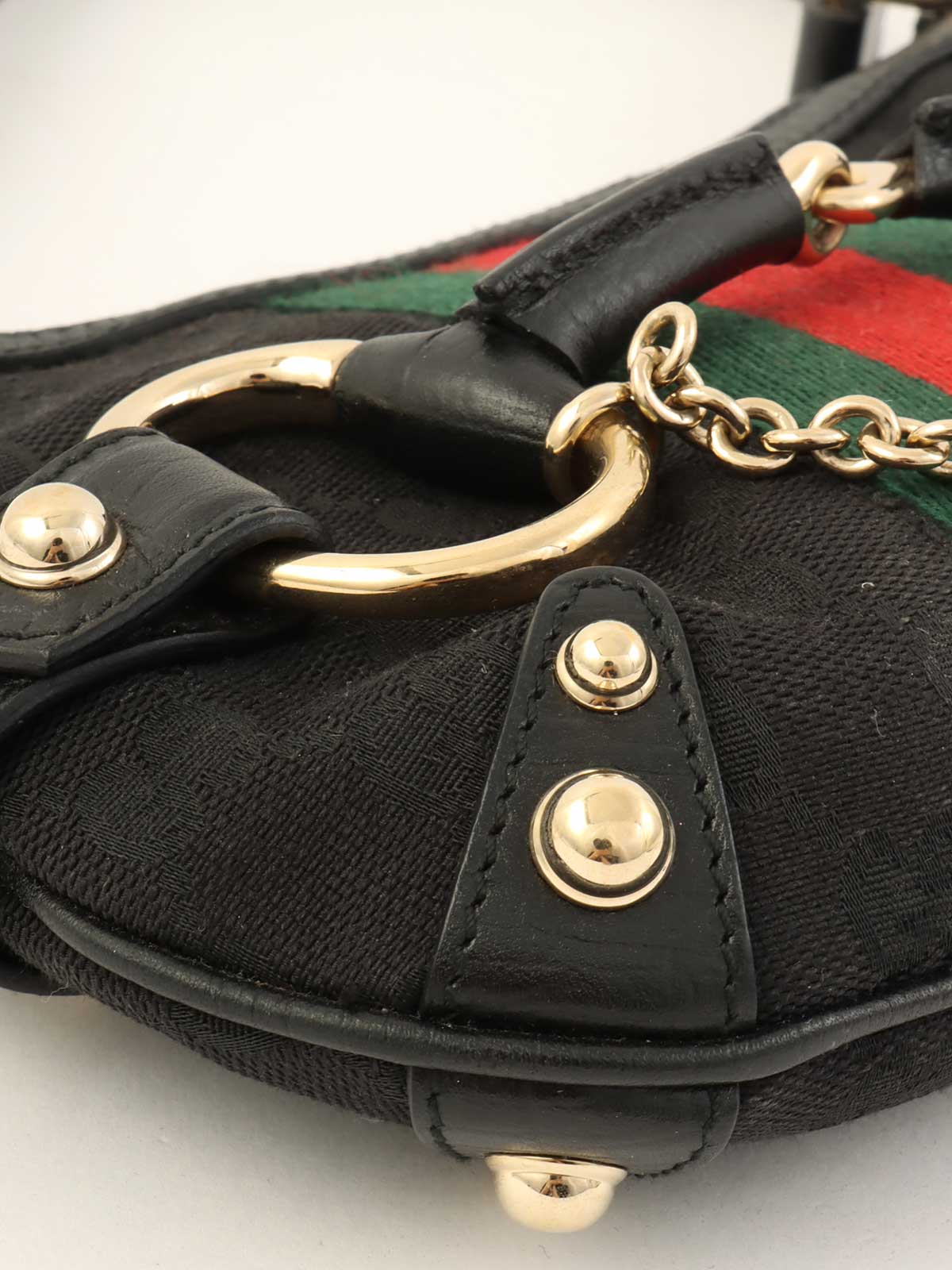 キャンバスGGパターンシェリーラインホースビットプレートハンドバッグ ブラック/グリーン/レッド